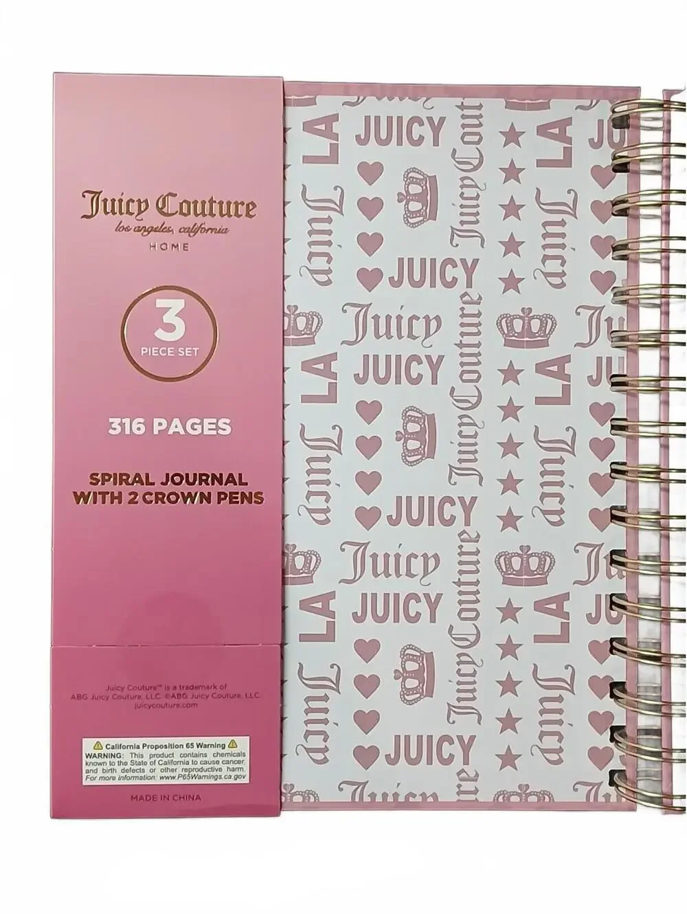 Juicy Couture Pink Gold Spiral Journal 2 Crown Pens 316 Pages Gift Set NWT